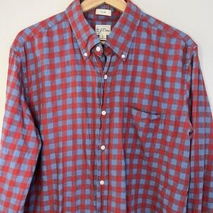 J. Crew Men's Slim Untucked Red Blue Plaid Button Up Large Shirt Pocket